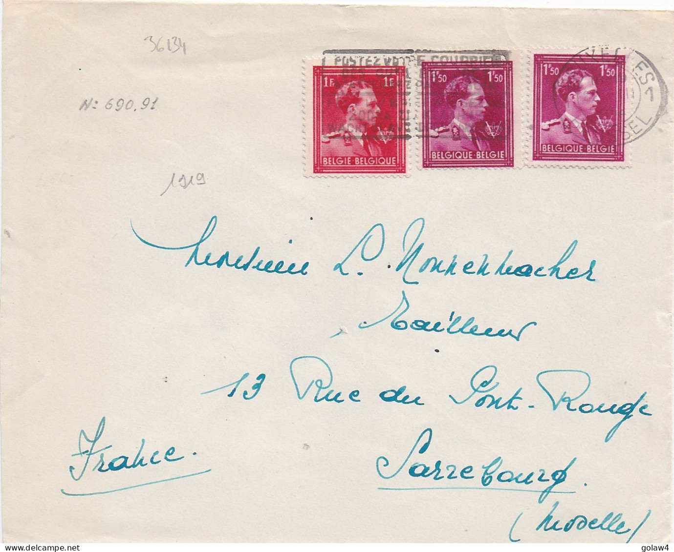 36134# ROI LEOPOLD III COL OUVERT LETTRE Obl BRUXELLES BRUSSEL 1954 SARREBOURG MOSELLE - 1936-1957 Open Collar