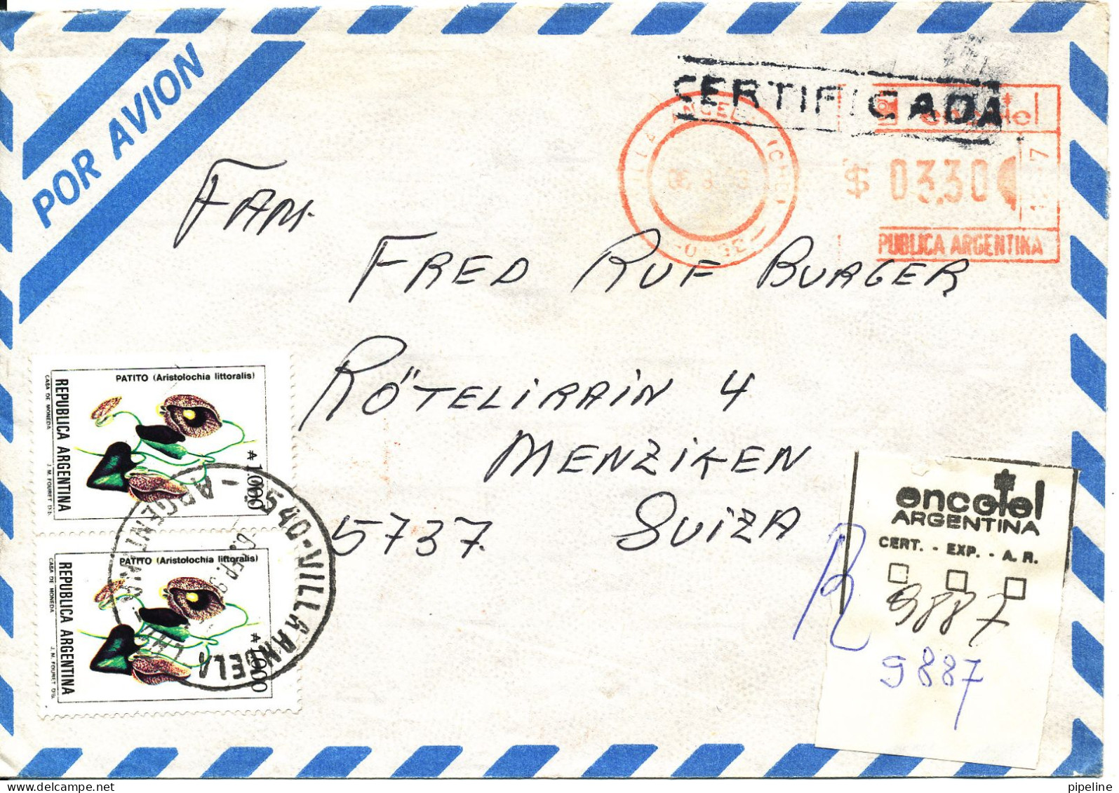 Argentina Registered Cover With Meter Cancel And Stamps Sent To Switzerland Villa Angela 23-7-1985 Topic Stamps - Luchtpost