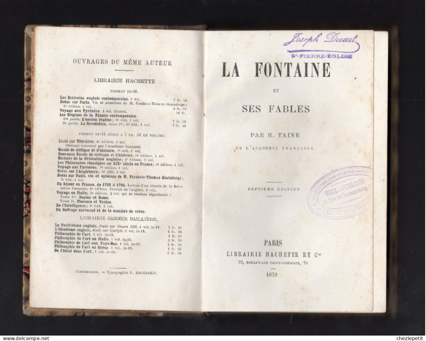 LA FONTAINE Et Ses Fables H.TAINE Librairie Hachette Et Cie 1879 - Auteurs Classiques