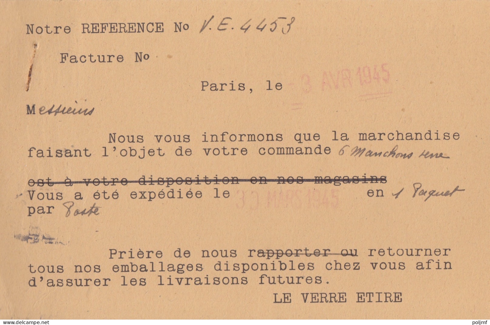 CP "Ets Du Verre Etire" Obl. Paris Le 23 Avril 45 Sur 50c Mercure Et 1f Iris N° 549, 650 (tarif Du 1/3/45) Pour Sedan - 1938-42 Mercure