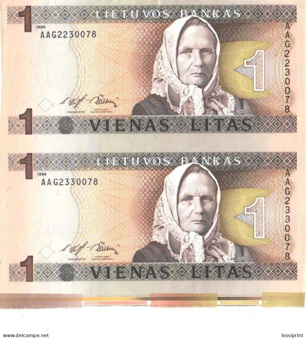 Lithuania:1 Vienas Litas 1994 Double, Serie AAG, AUNC-UNC - Litauen