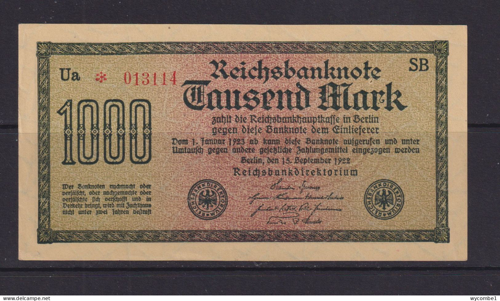 GERMANY - 1922  1000 Mark AUNC Banknote - 1000 Mark