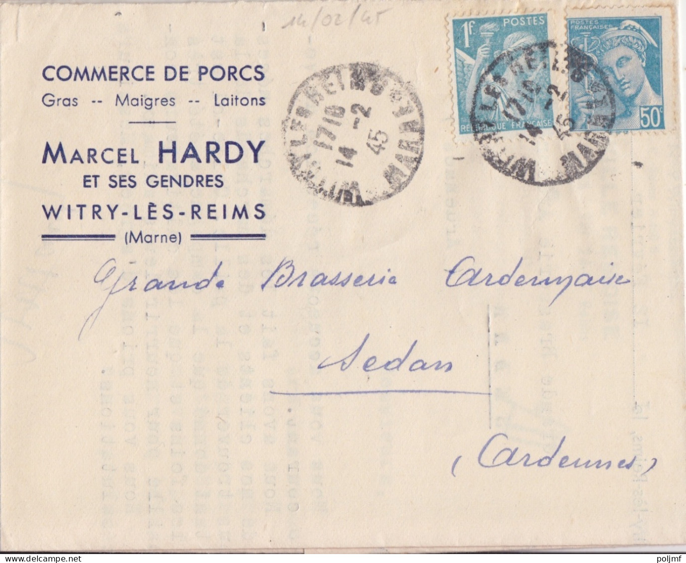 Facture "Commerce De Porcs" Obl. Witry Les Reims Le 14/2/45 Sur 50c Mercure Et 1f Iris N° 549, 650 (tarif Du 5/1/42) - 1938-42 Mercurio