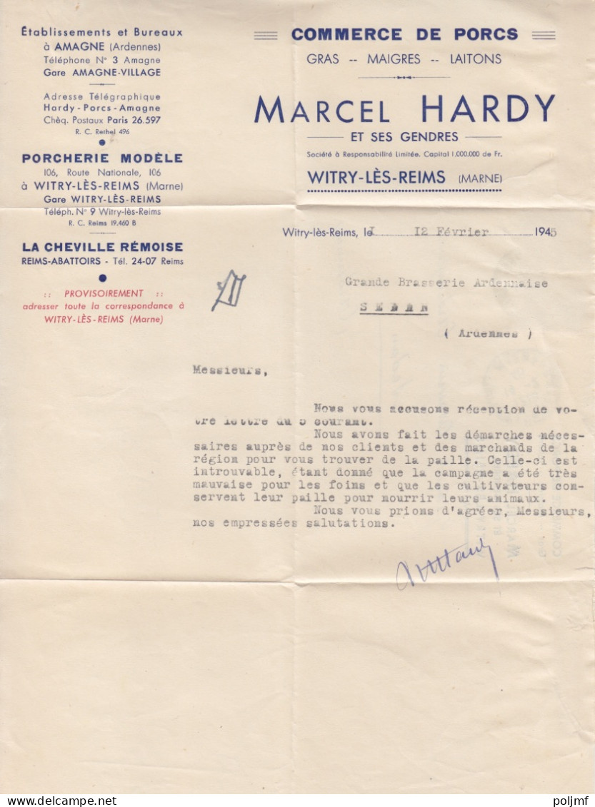 Facture "Commerce De Porcs" Obl. Witry Les Reims Le 14/2/45 Sur 50c Mercure Et 1f Iris N° 549, 650 (tarif Du 5/1/42) - 1938-42 Mercurio