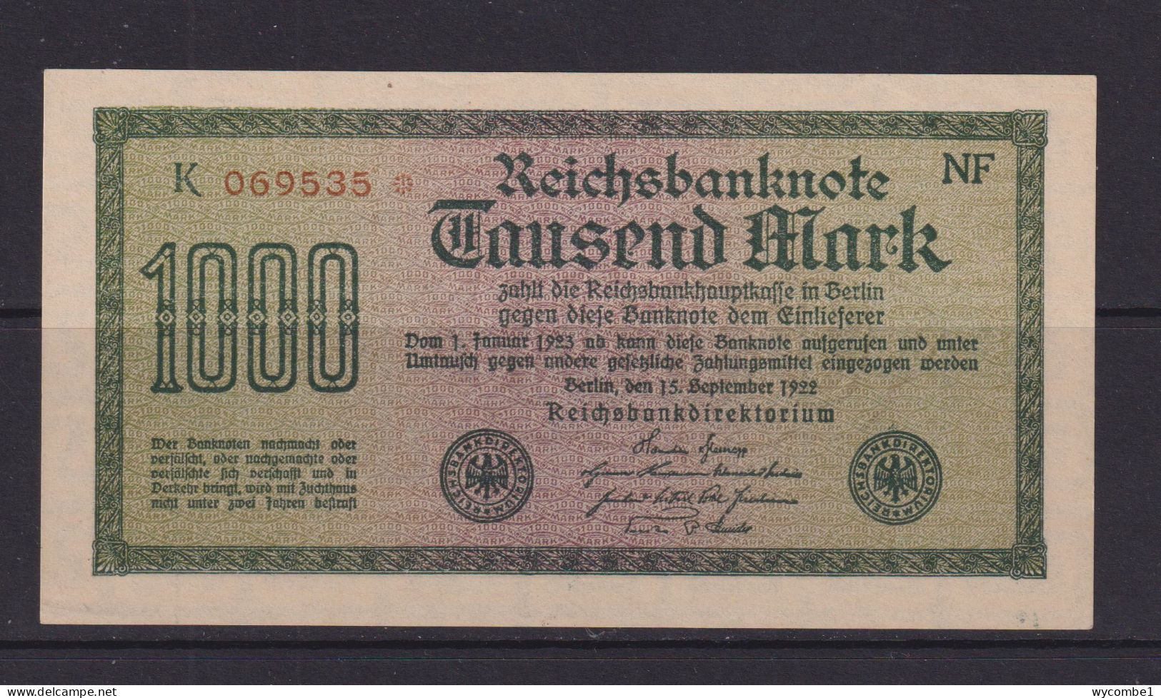 GERMANY - 1922  1000 Mark AUNC Banknote - 1.000 Mark