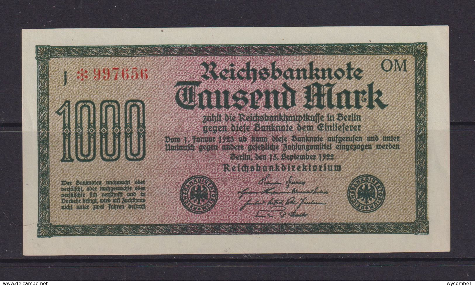 GERMANY - 1922  1000 Mark AUNC Banknote - 1000 Mark