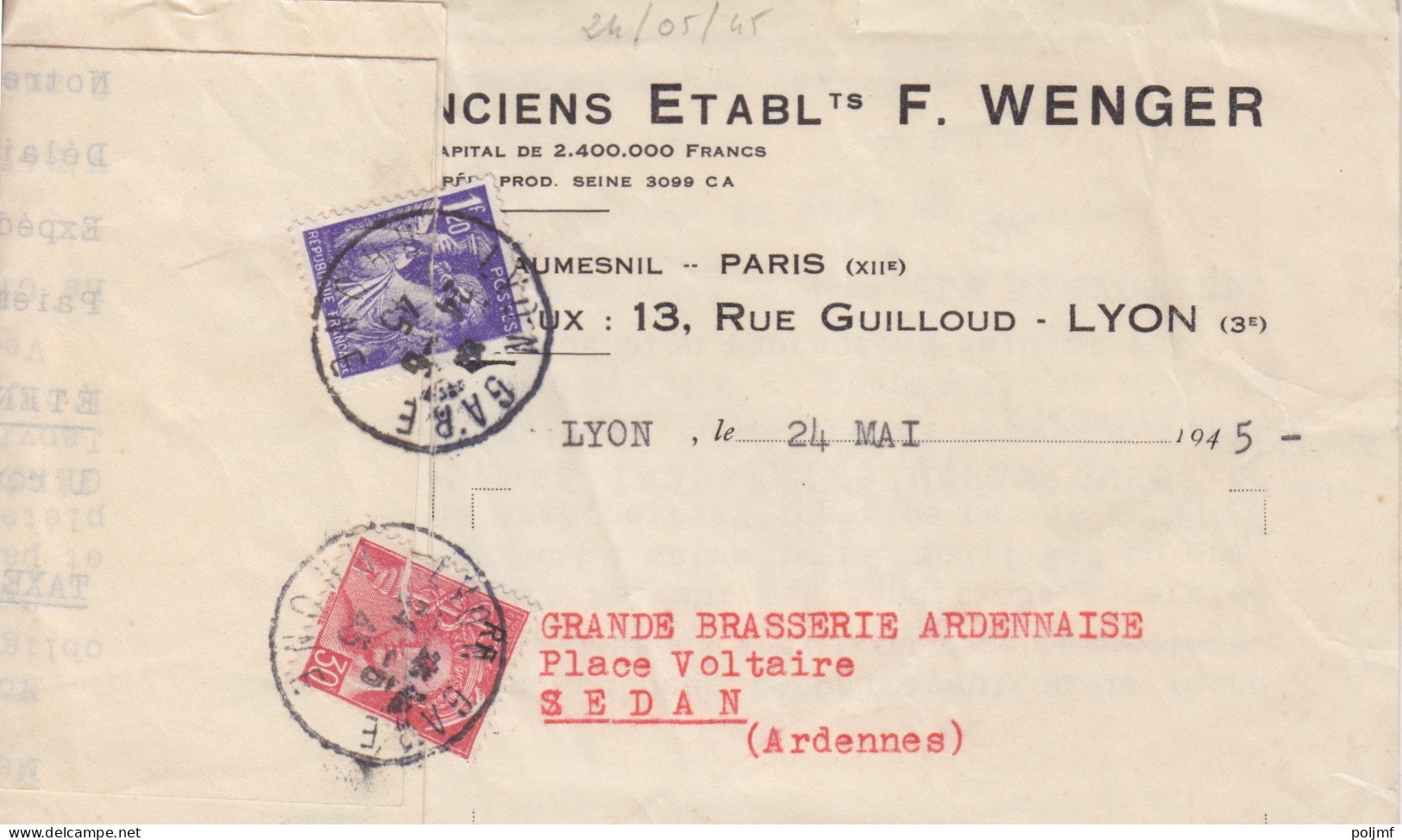 Facture "Ets F. Wenger" Obl. Lyon Gare Le 24/5/45 Sur 30c Mercure Et 1f20 Iris N° 547, 651 (tarif Du 1/3/45) - 1938-42 Mercure