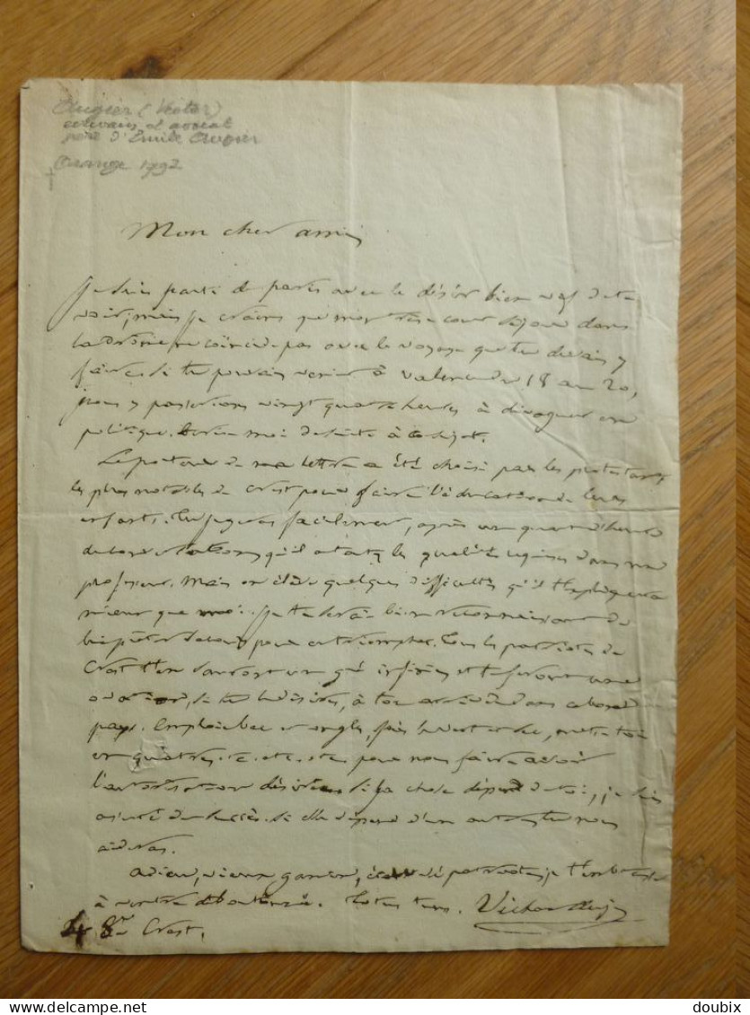 Victor AUGIER (1792-1858) ECRIVAIN. Père Emile Augier, Grand Père Deroulède. Journaliste. 2 X AUTOGRAPHE - Historical Figures