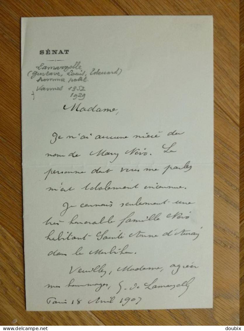 Gustave De LAMARZELLE (1852-1929) Député MORBIHAN Vannes. Boulangisme. AUTOGRAPHE - Historische Personen