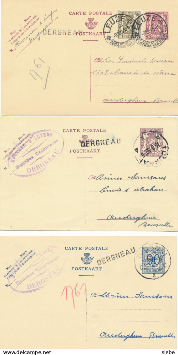 3 Griffes Sur Entier – Dergneau Via Tournai Et Via Leuze - Cartes Postales 1934-1951