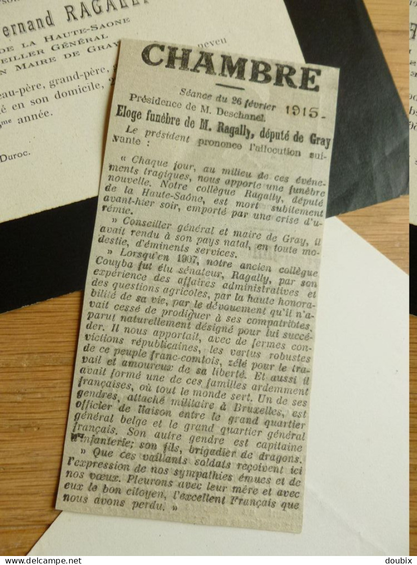 Pierre Fernand RAGALLY (1859-1915) Maire GRAY. Député HAUTE SAONE. Beaujeu. Fresne Saint Mames. 2 x AUTOGRAPHE