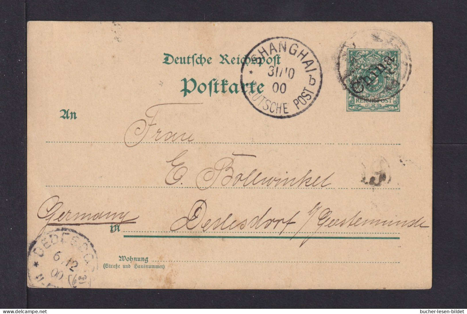 1900 - 5 Pf. Ganzsache  Aus Tsingtau-Woosung Via Shanghai Nach Dedesdorf - Storia Postale