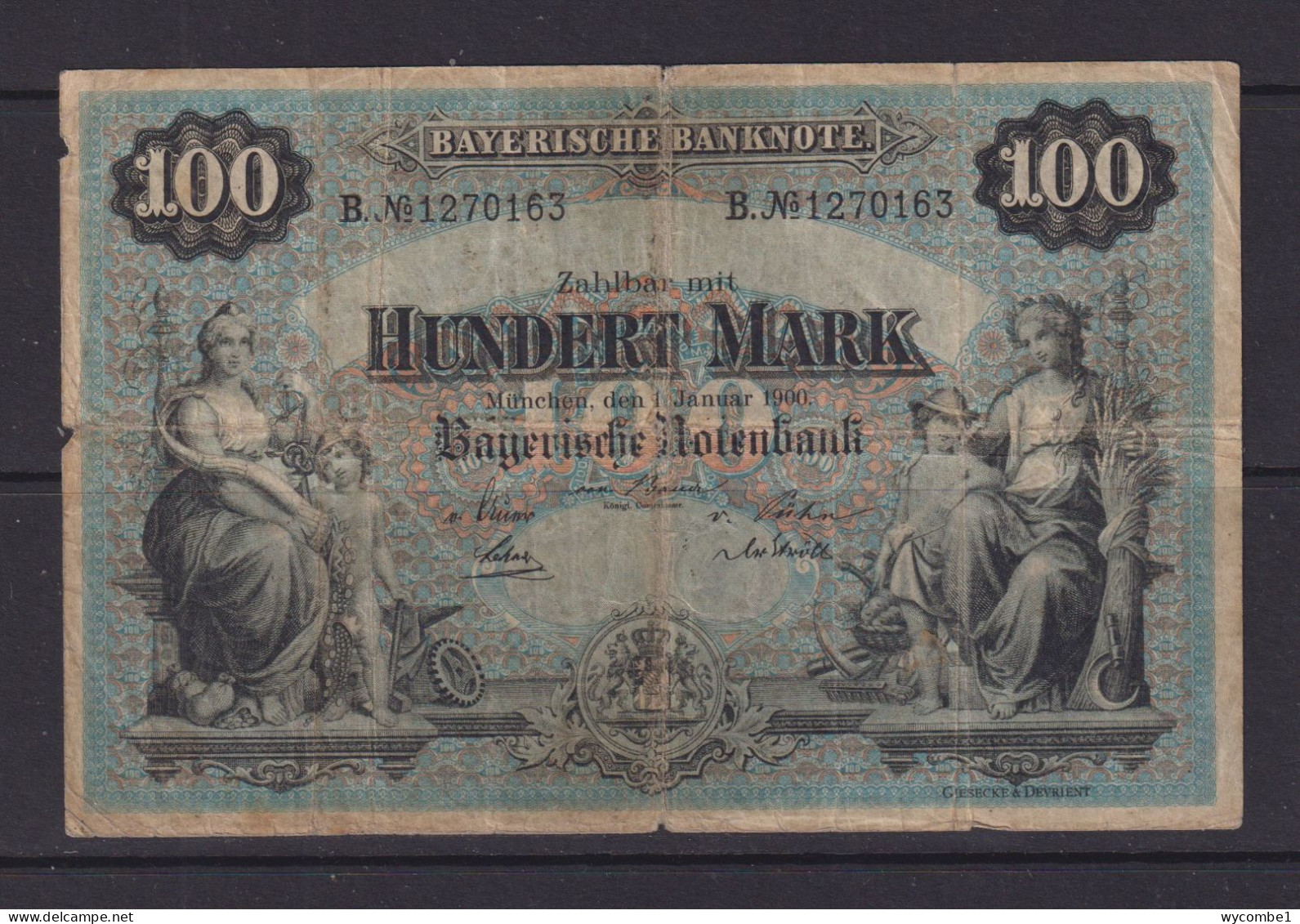 GERMANY - 1900 Bayerische Notenbank 100 Mark Circulated Banknote - 100 Mark