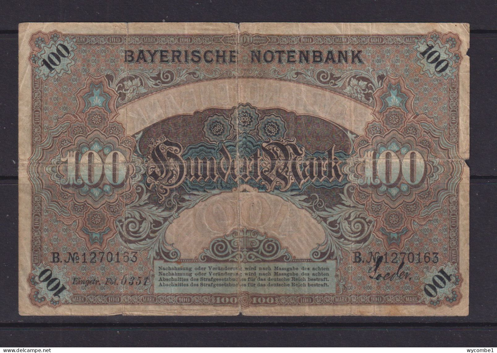 GERMANY - 1900 Bayerische Notenbank 100 Mark Circulated Banknote - 100 Mark