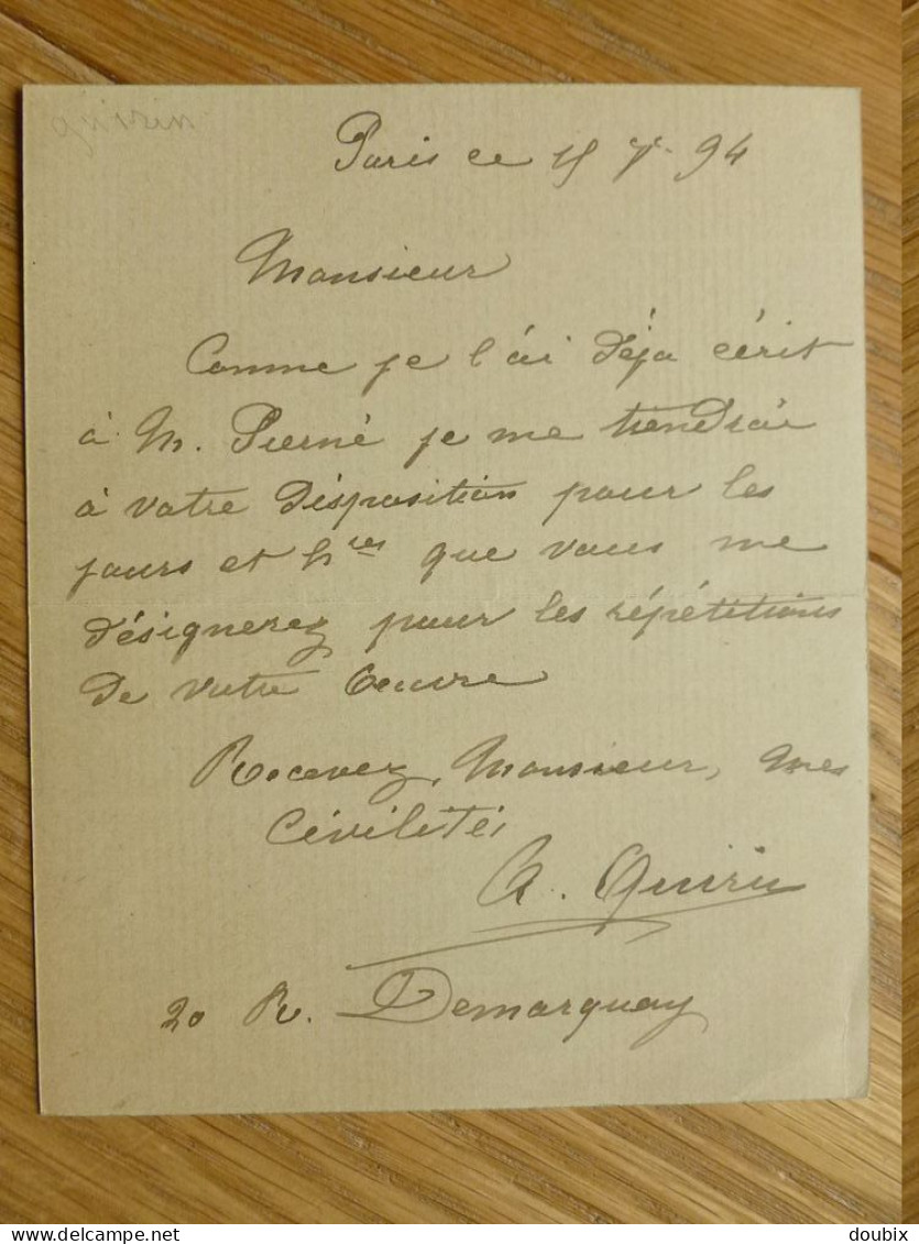 A. QUIRIN ? (1894) Elève Gabriel Pierné. Autographe - Historische Personen