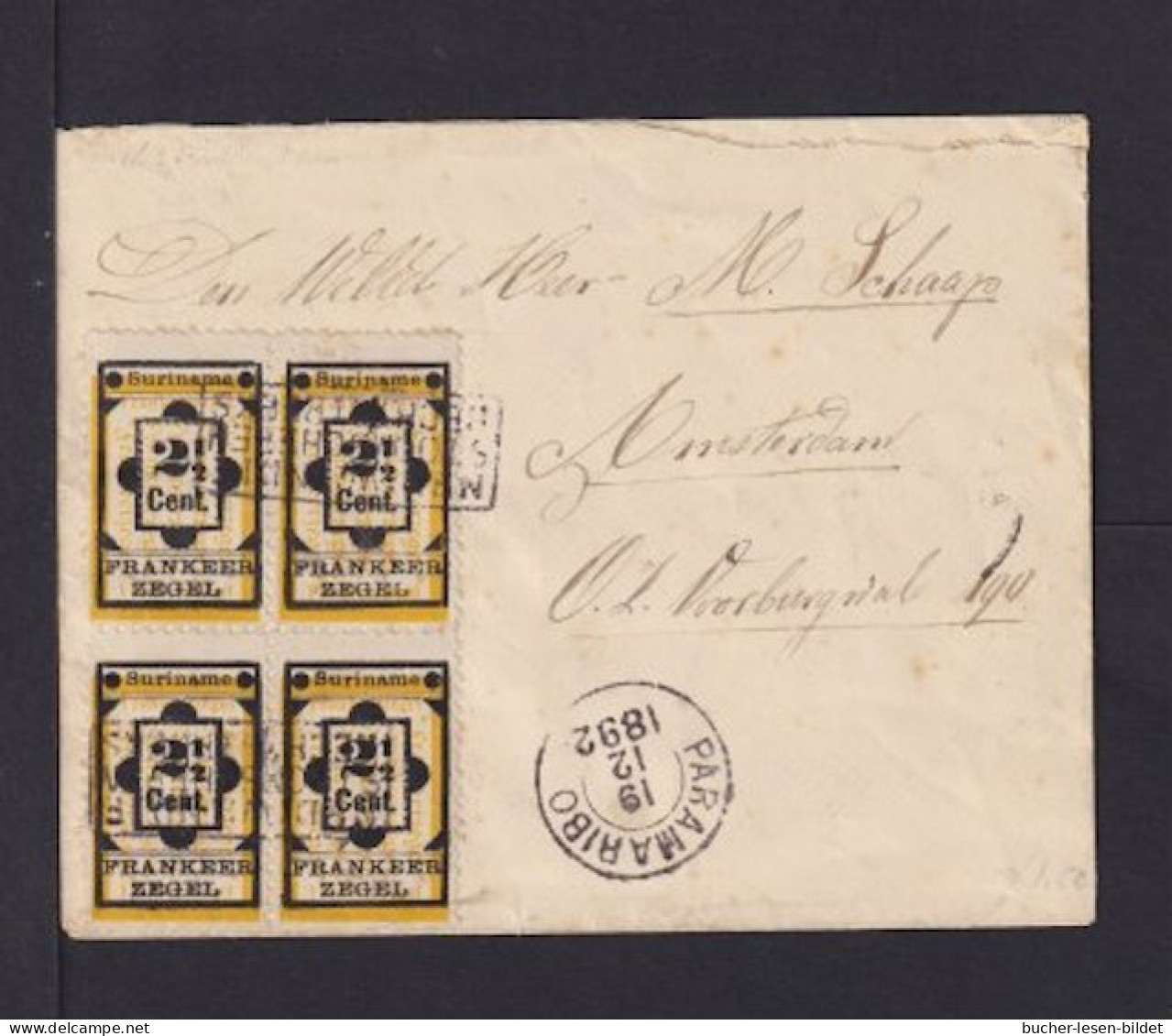 1893 - 4x 2 1/2 C. Auf Brief Mit Schiffspoststempel Und Transitstempel Paramaribo Nach Amsterdam - Surinam ... - 1975