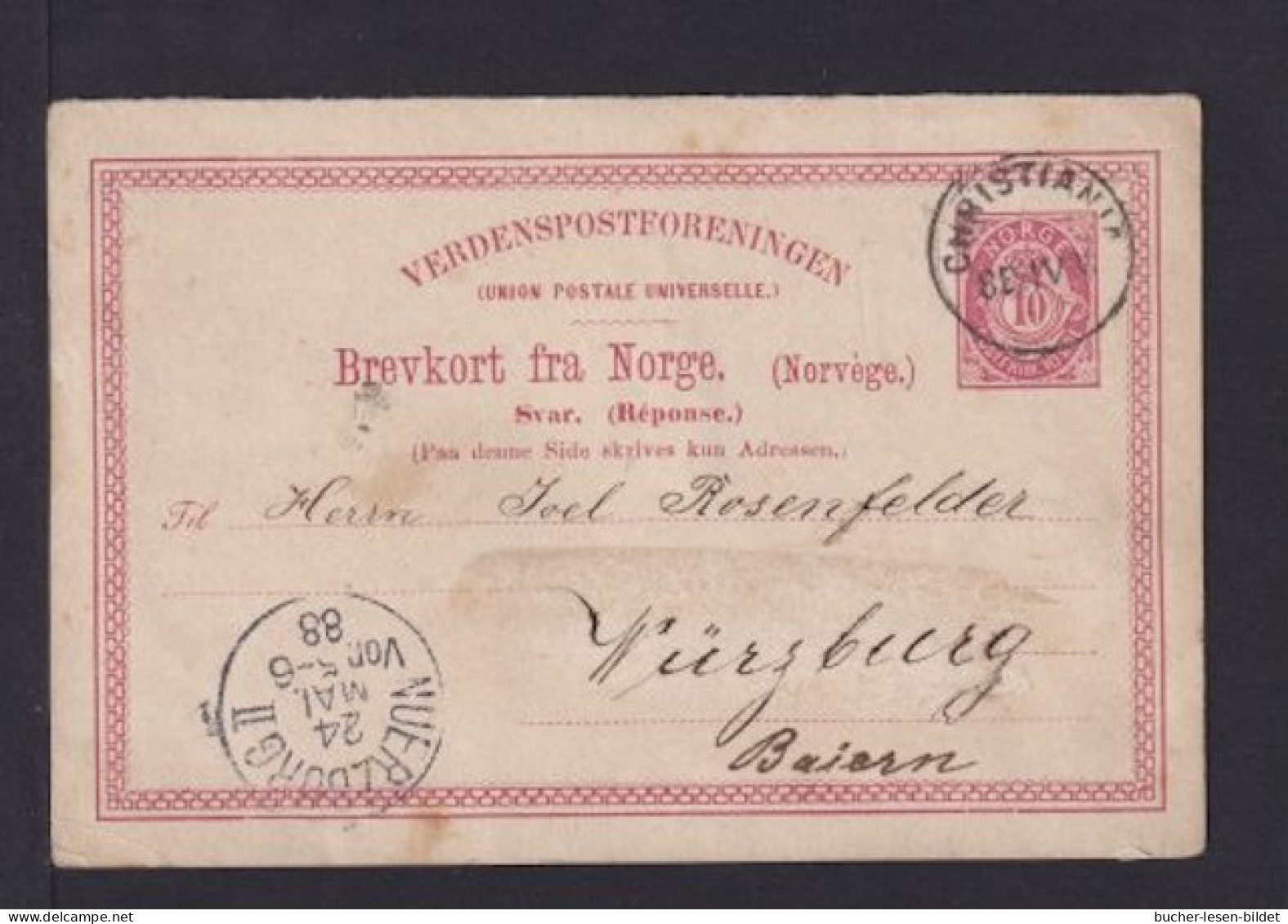 1888 - 10 Ö. Antwort-Ganzsache (P 18A) Ab Christiania Nach Würzburg - Lettres & Documents