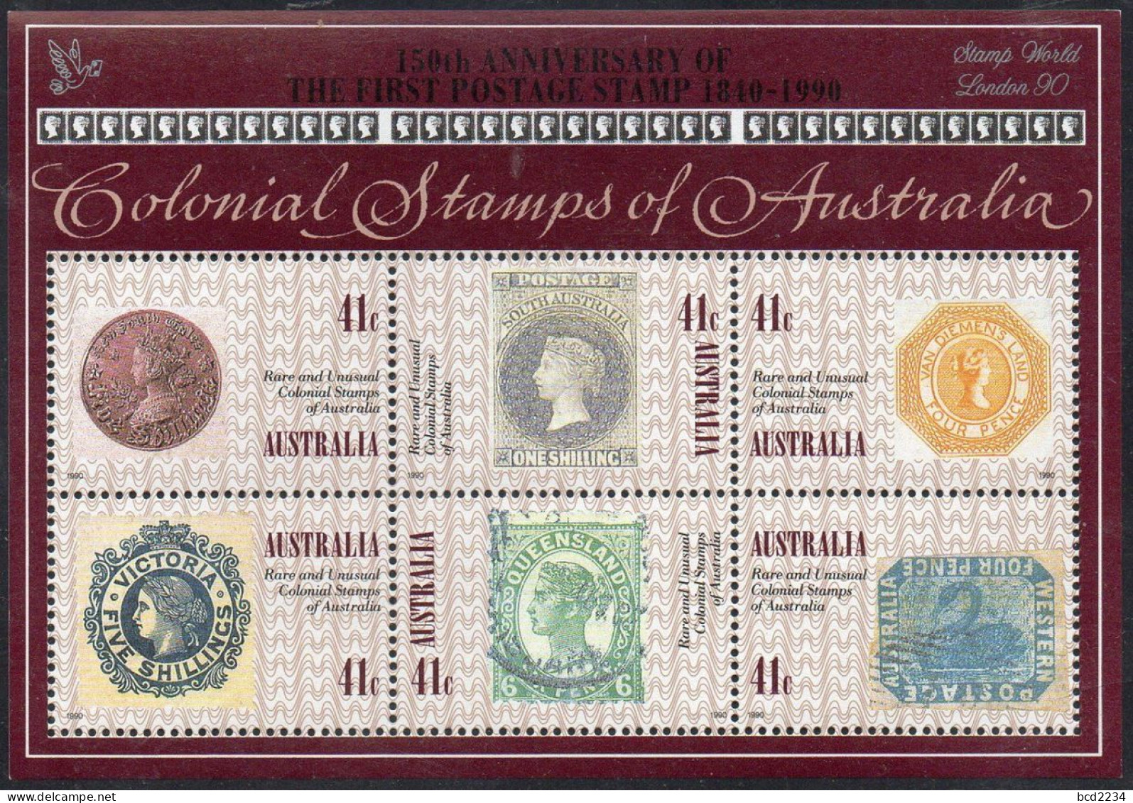 AUSTRALIA 1990 RARE & UNUSUAL COLONIAL STAMPS X10 + SILVER STAMP WORLD LONDON 90 OVERPRINT SG MS1253 Mi BL 10 MNH - Ongebruikt