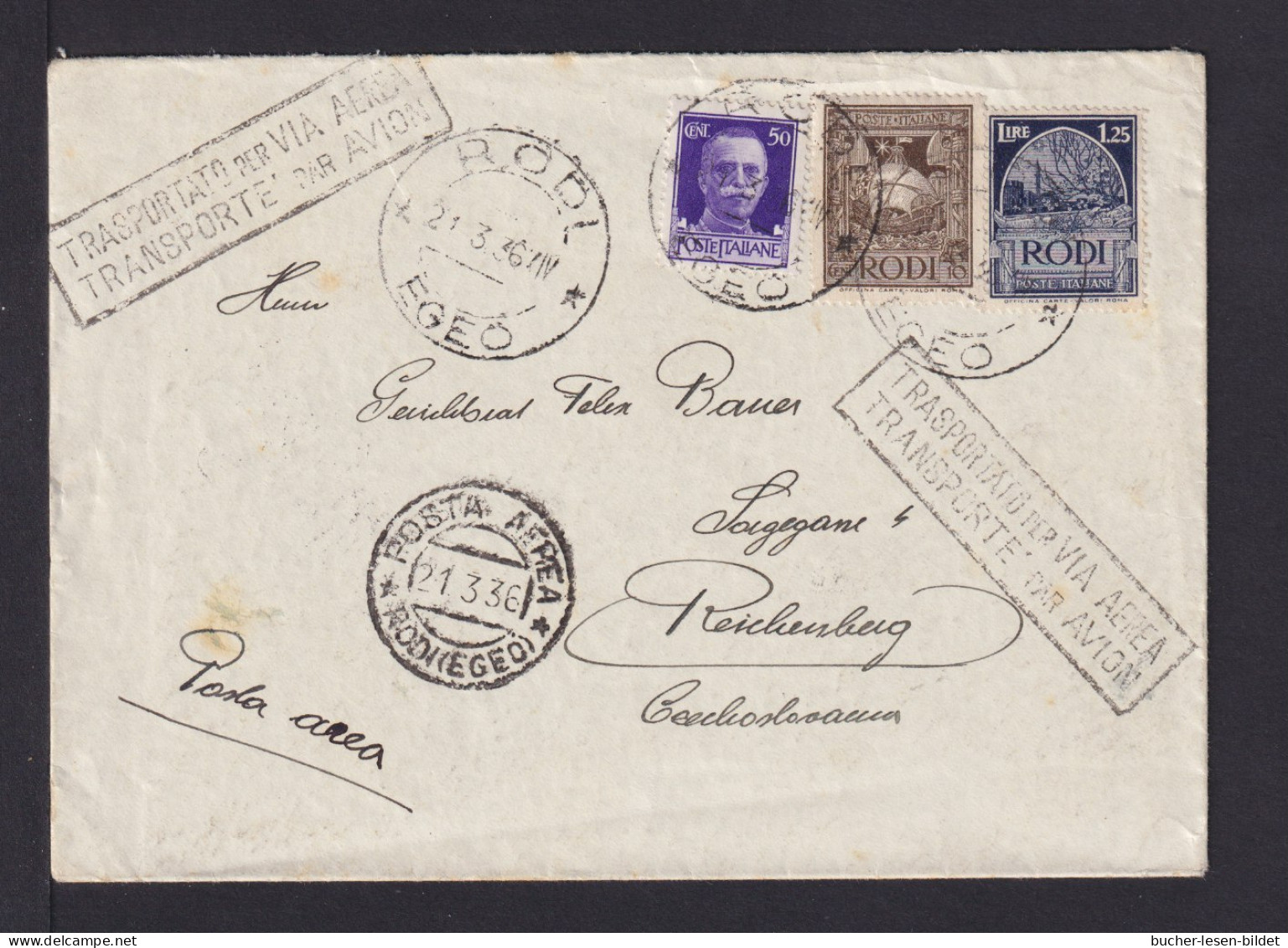 1936 - 10 C. Und 1,25 L. Rodi Mit 50 C. Italien Zufrankiert - Luftpostbrief Ab RODI Nach Reichenberg - Aegean