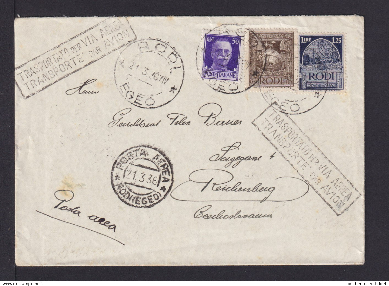 1936 - 10 C. Und 1,25 L. Rodi Mit 50 C. Italien Zufrankiert - Luftpostbrief Ab RODI Nach Reichenberg - Ägäis