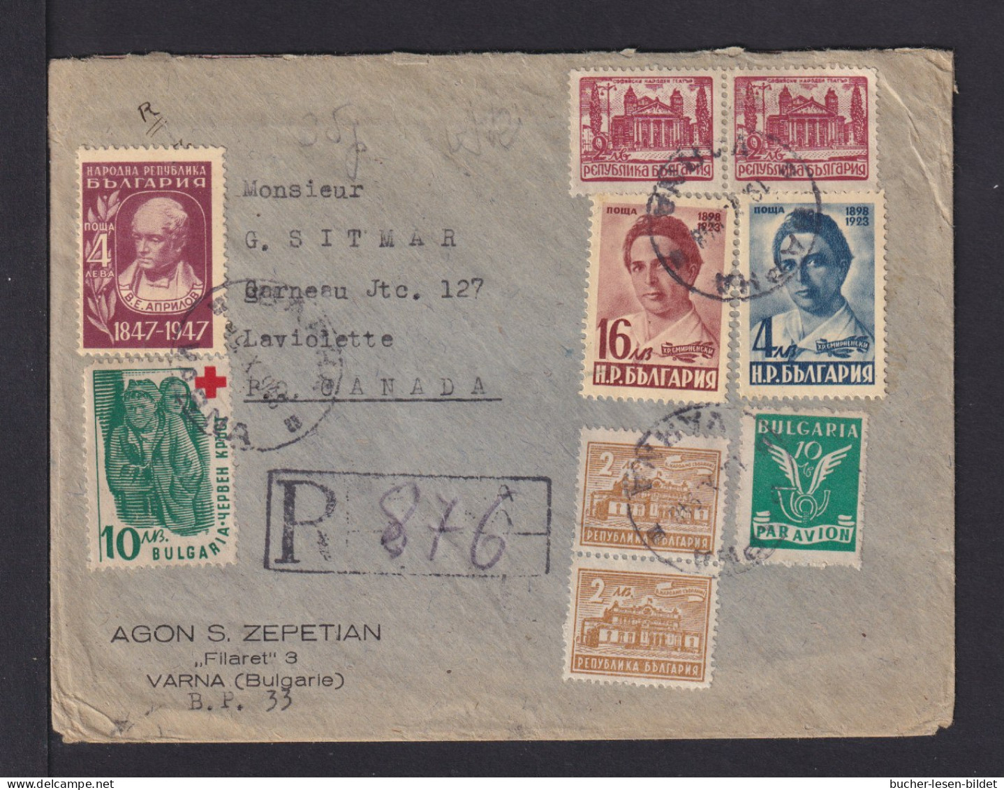 1948 - Einschreibbrief Ab Varna Nach Canada - Rückseitig Anhängendes Formular - Lettres & Documents