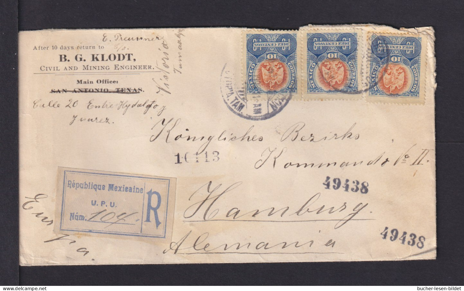 1909 - 3x 10 C. Auf Einschreibbrief Ab  Juarez Nach Hamburg - Mexico