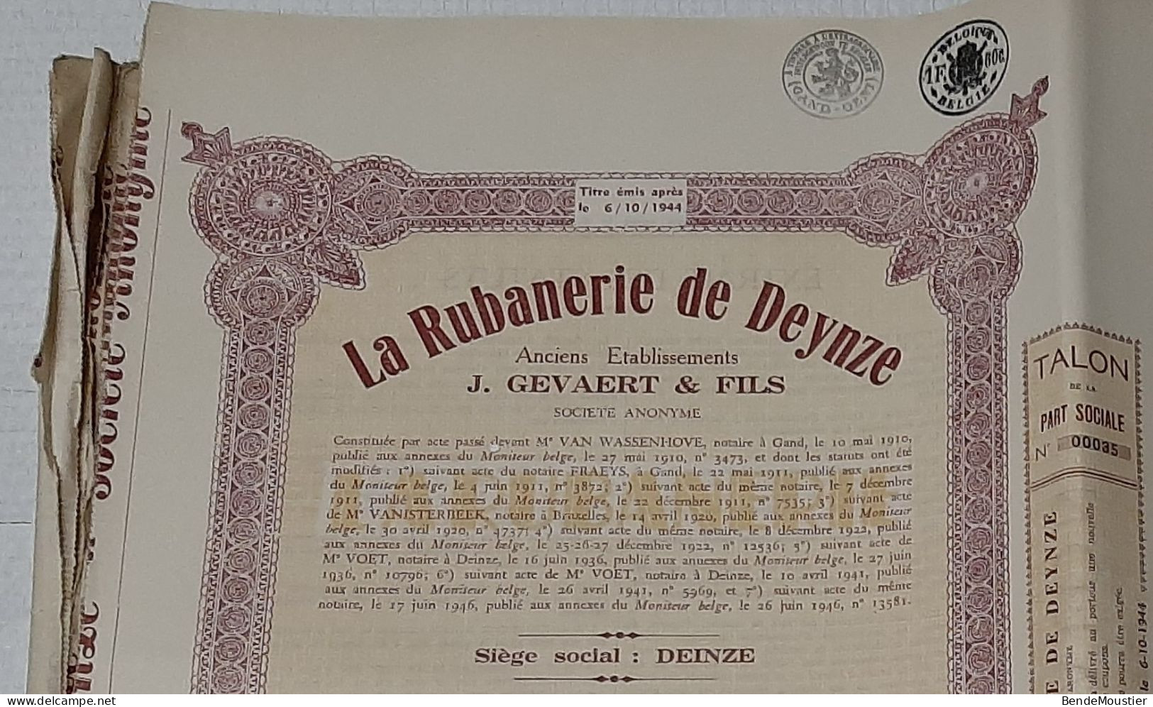 Lot De 50 Titres "La Rubanerie De Deynze - Anciennement J.Gevaert & Fils S.A." - Part Sociale Au Porteur - Deynze 1946. - Industrial