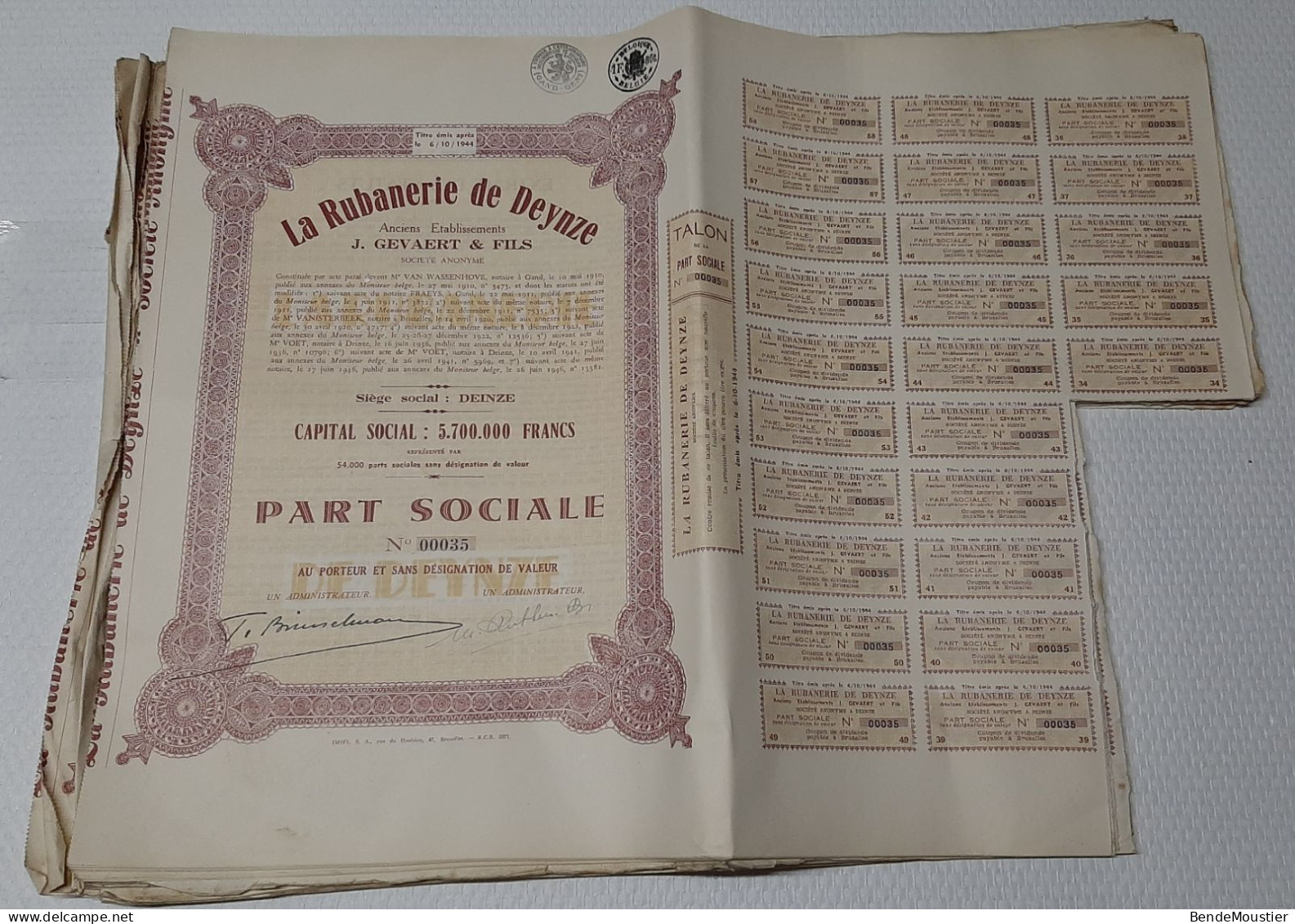 Lot De 50 Titres "La Rubanerie De Deynze - Anciennement J.Gevaert & Fils S.A." - Part Sociale Au Porteur - Deynze 1946. - Industrie