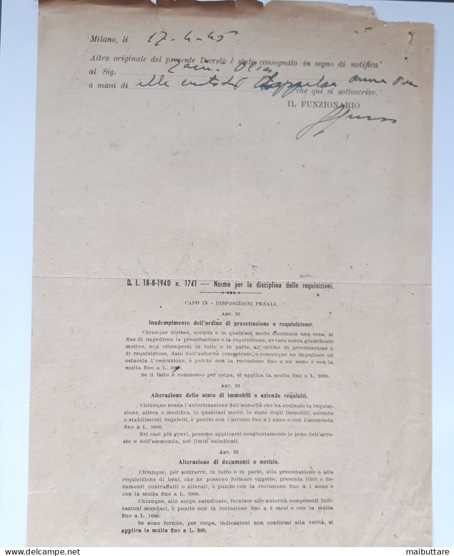 R.S.I Documento Il Commissario Degli Alloggi Di Milano Richiesta E Disposizione Di Alloggio Datato 16 Aprile 1945 - Decrees & Laws