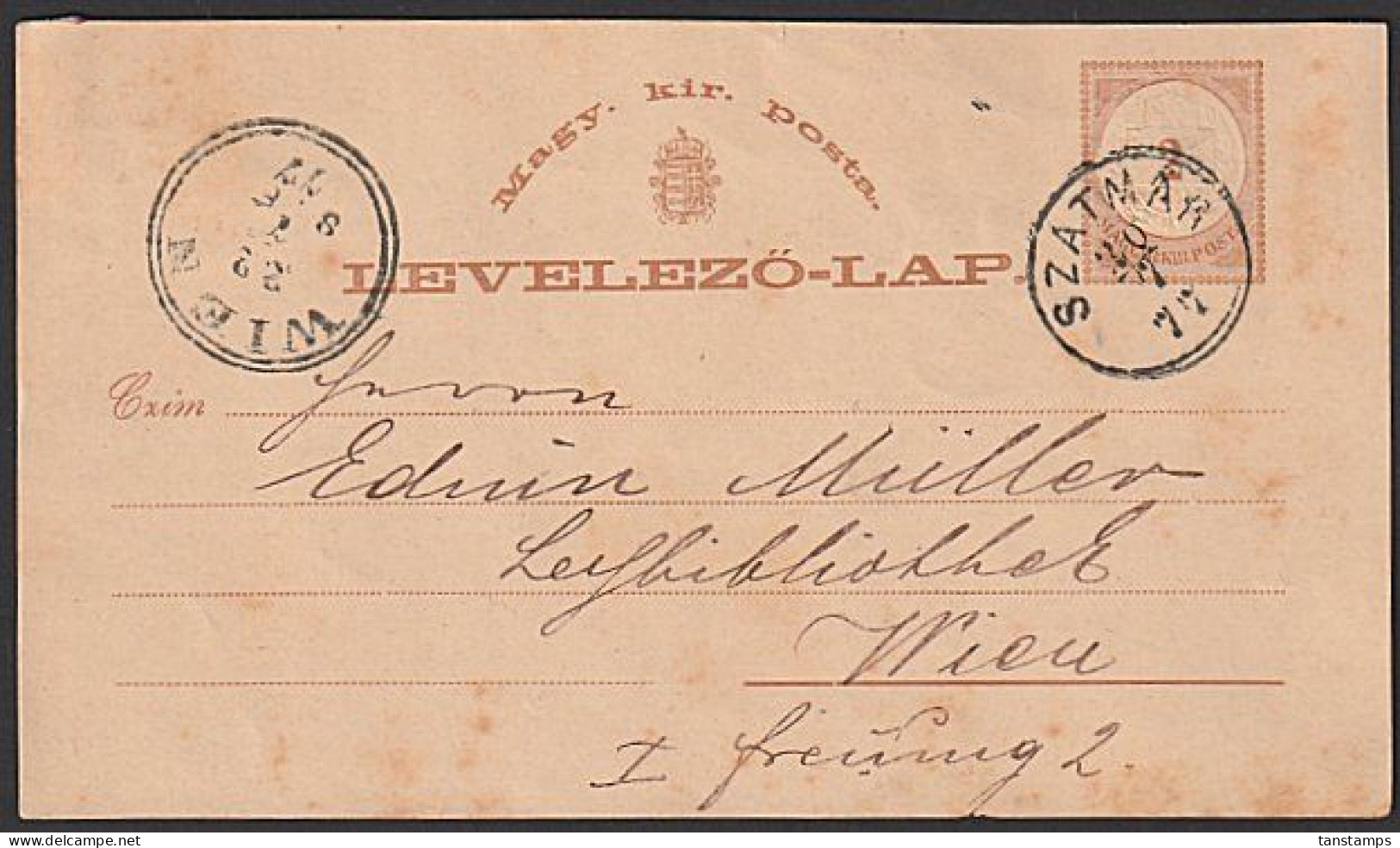 HUNGARY 1877 2kr POSTAL CARD FROM SZATMAR TO WIEN AUSTRIA - Postal Stationery