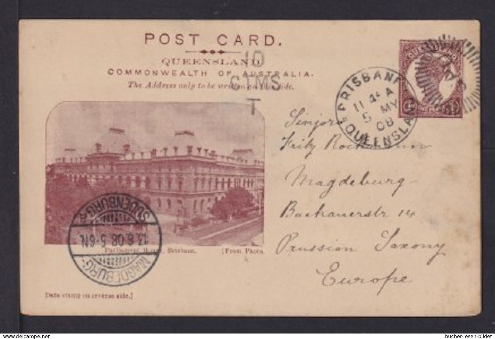 1908 - 1 P. Bild Ganzsache "Parlament House" Ab Brisbane Nach Magdeburg - Stempel "10/CTMS/T" - Cartas & Documentos