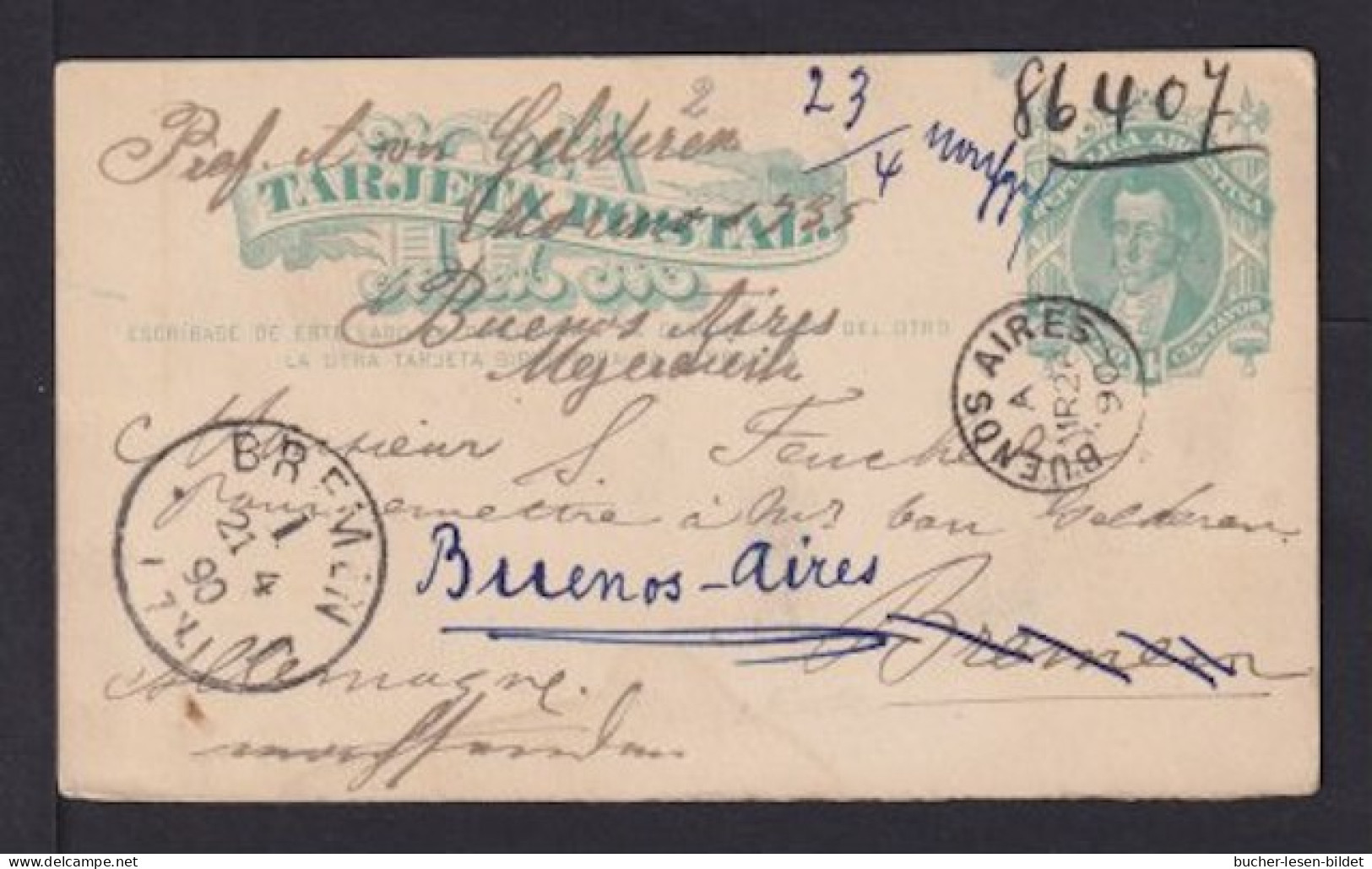 1890 - 4 C. Grün Ganzsache Ab Buenos Aires Nach Bremen - Zurück-Vermerke - Storia Postale