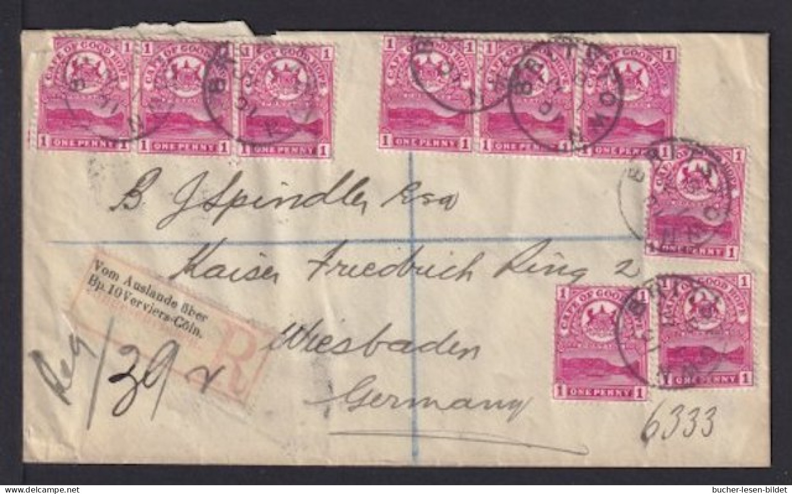 1901 - 9x 1 P. Auf Einschreibbrief Ab BRITSTOWN Nach Wiesbaden - Bahnpost-Transit-R-Zettel - Cap De Bonne Espérance (1853-1904)