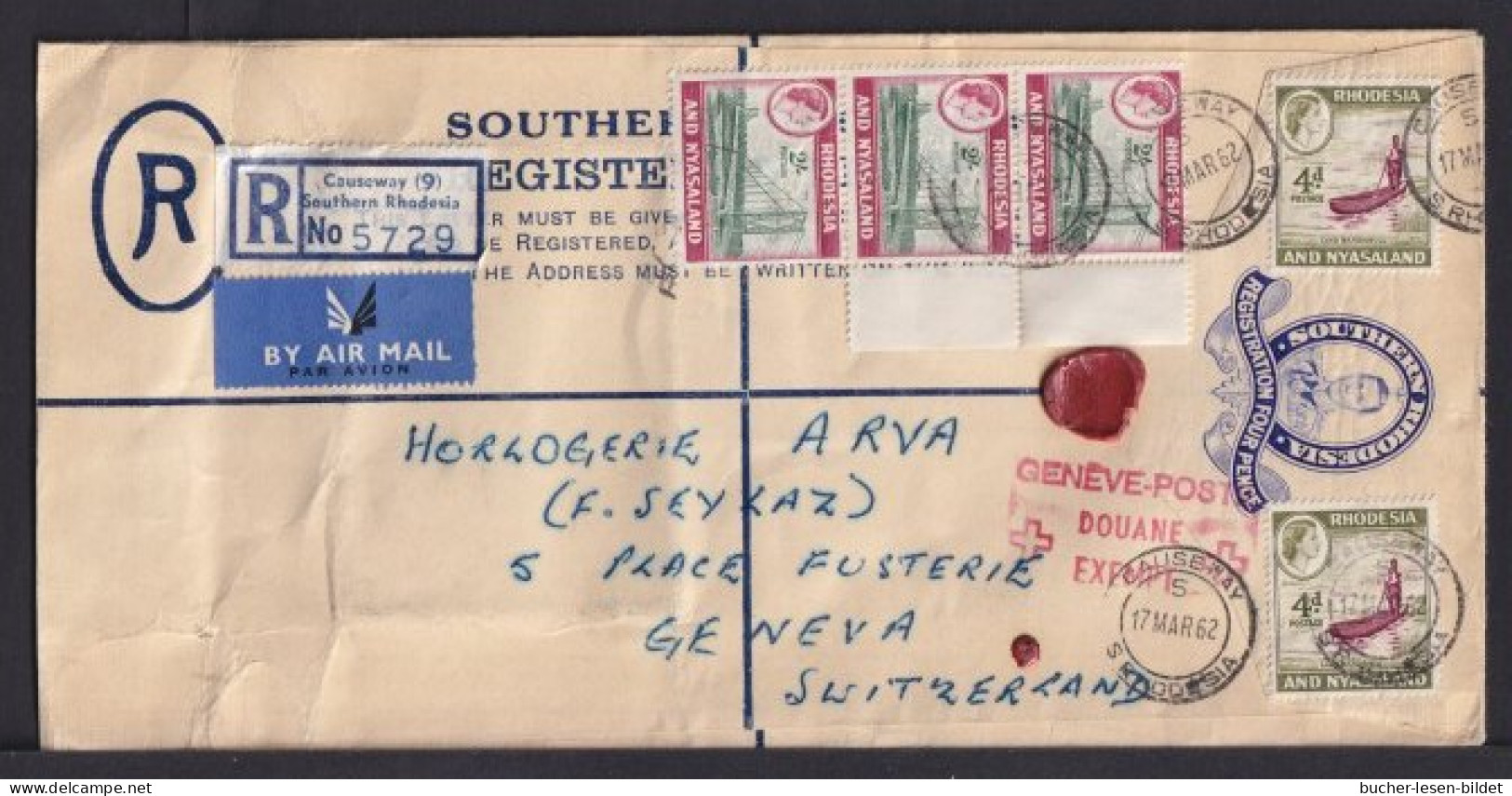 1962 - 4 P. Langformatige Einschreib Ganzsache Ab CAUSEWAY Per Luftpost Nach Geneva - Southern Rhodesia (...-1964)