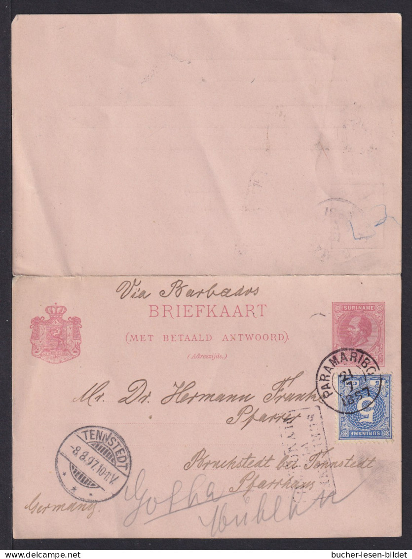 1897 - 2 1/2 C. Doppel-Ganzsache Mit 5 C. Zufrankiert Ab Paramaribo Nach Deutschland - Surinam ... - 1975