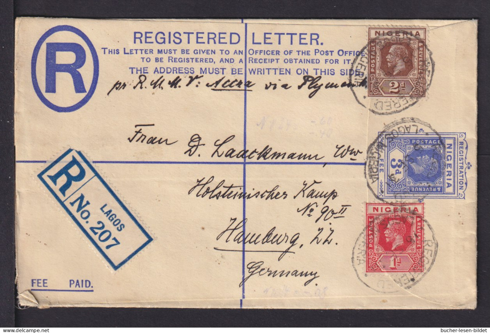 1931 - 3 P. Einschreib Ganzsache Ab Lagos Nach Hamburg - Nigeria (...-1960)