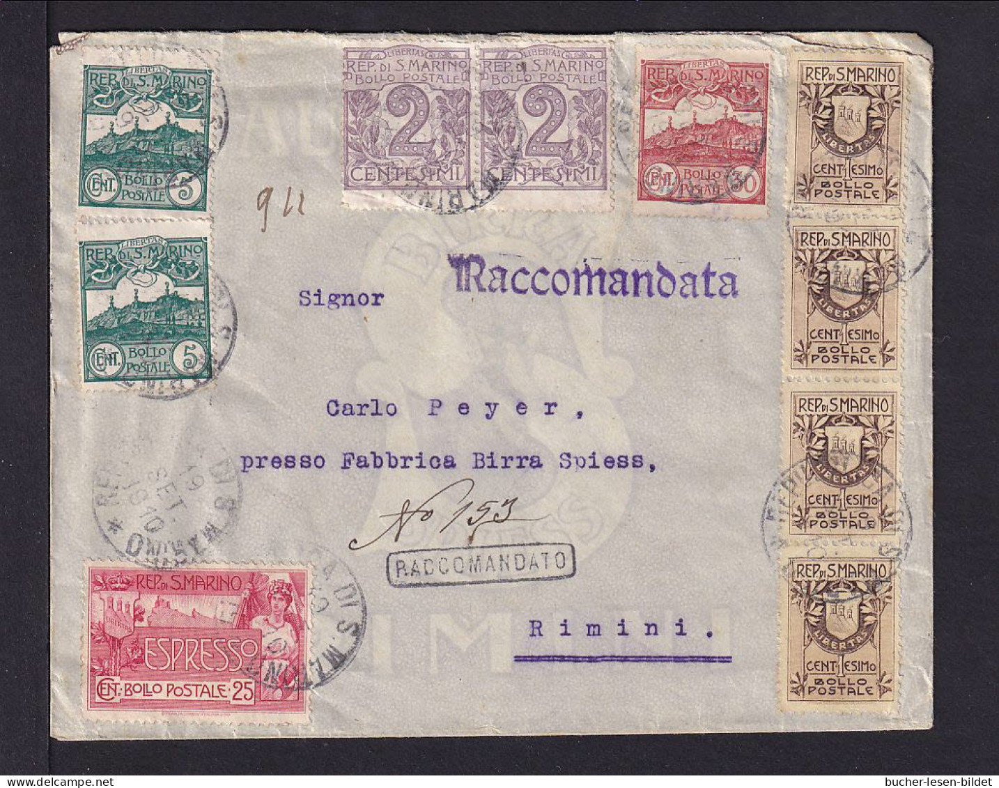 1910 - Mischfrankatur Mit 25 C. Espresse Auf Einschreibbrief Nach Rimini - Lettres & Documents