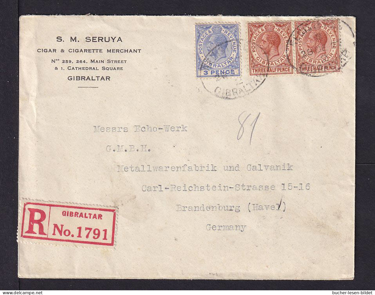 1927 - Einschreibbrief Ab Gibraltar Nach Brandenburg - Gibraltar