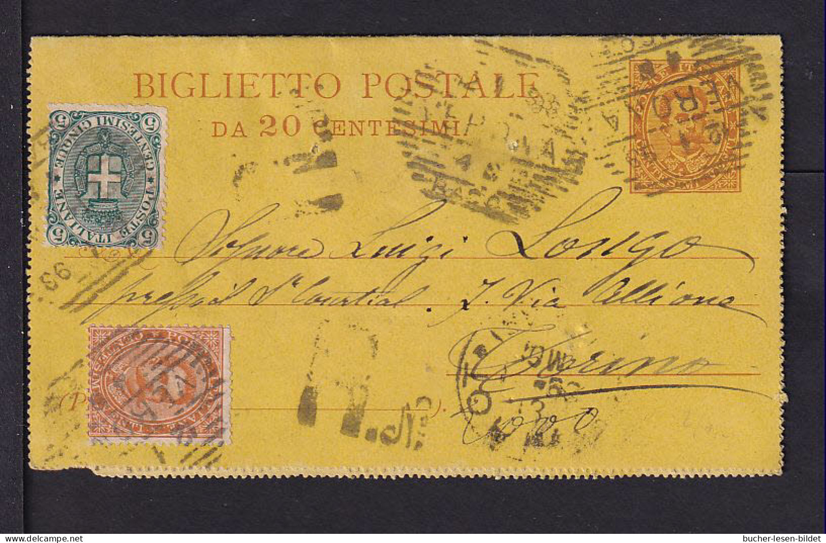1892 - 20 C. Ganzsache Mit Zufrankatur Als Einschreiben Ab Verona Nach Torino - Entiers Postaux