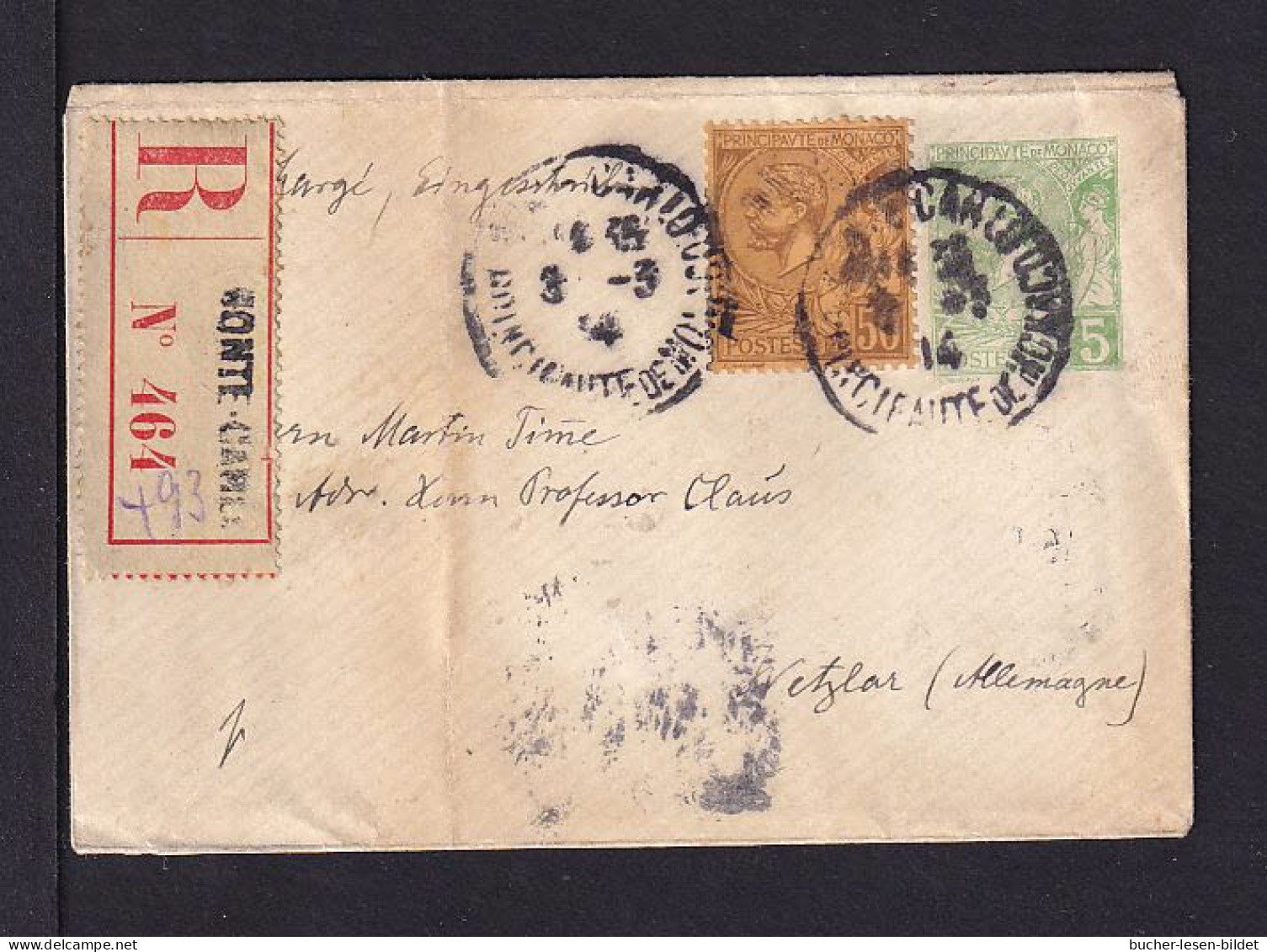 1914 - 5 C. Kleine Ganzsache Mit Zufrankatur Als Einschreiben Ab Monte-Carlo Nach Wetzlar - Storia Postale