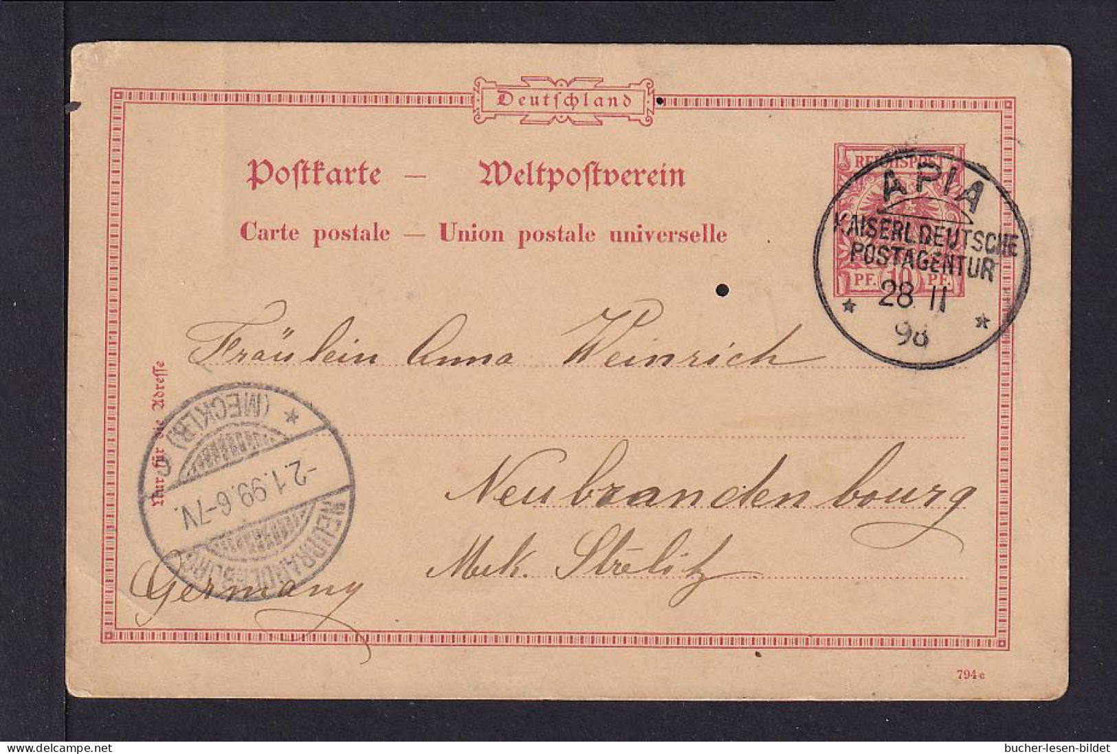 1898 - 10 Pf. Ganzsache (Abs. MALUA) Mit Aufgabestempel APIA Nach Neubrandenburg - Samoa