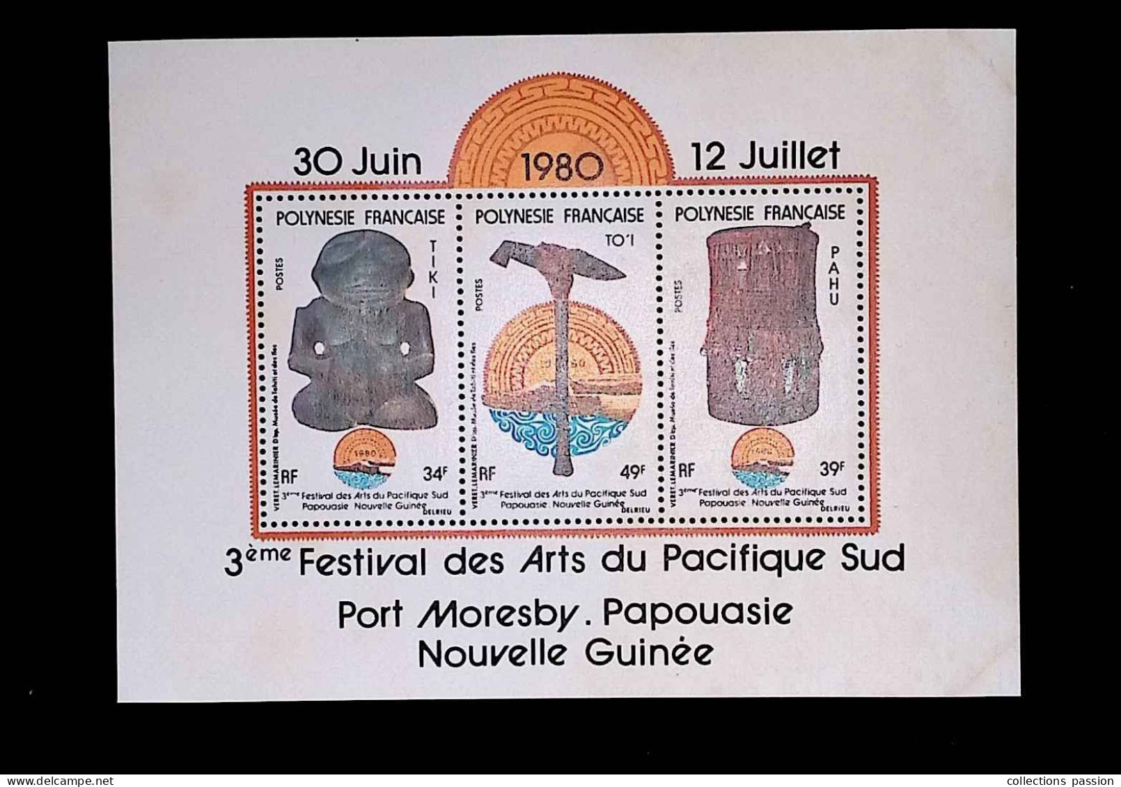 CL, Bloc-feuillet, 3 Timbres Neufs, Polynésie Française, 1980, 3 éme Festival Des Arts Du Pacifique Sud, Port Moresby - Blocchi & Foglietti