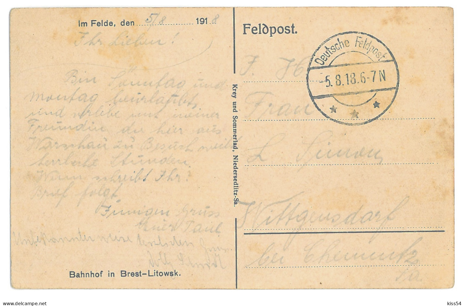 BL 34 - 14624 BREST LITOWSK, Belarus, Railway Station - Old Postcard, CENSOR - 1918 - Belarus