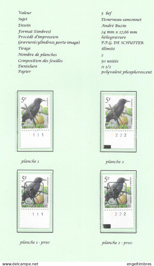 Belgium 1996 BUZIN Birds - Etourneau Sansonnet/speeuw 5 Bfrs  Plaatnummers 1 - 2 Postfris  Plain Stamps +  Preos (scans) - 2011-..