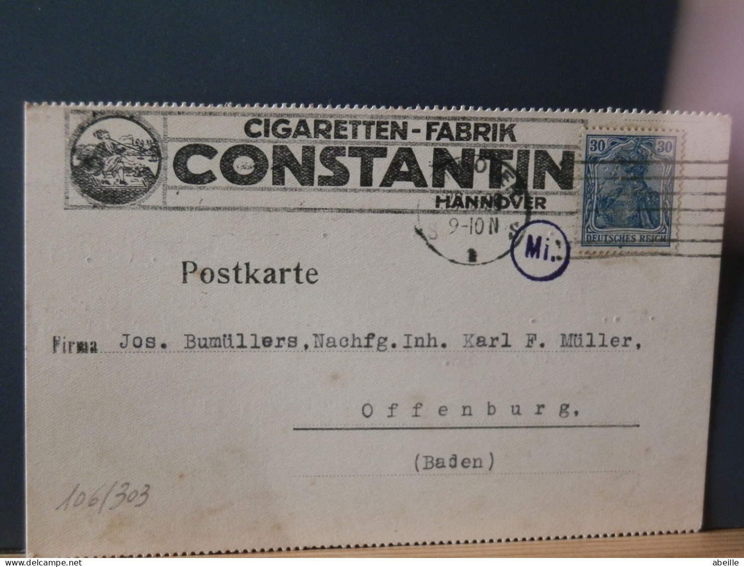 106/303  CP  ALLEMAGNE  1920  CIGARETTEN-FABRIK CONSTANTIN - Tabac