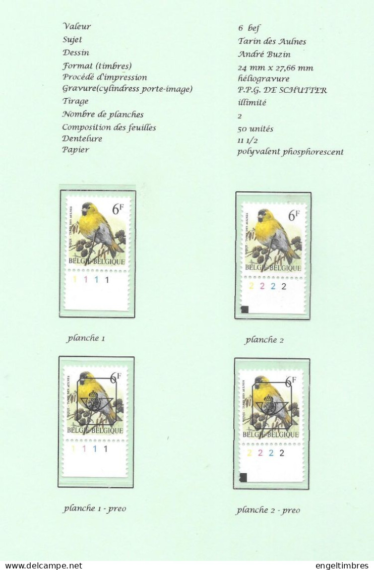 Belgium 1996 BUZIN Birds  Tarin Des Aulnes/sijsje 6 Bfrs  Plaatnummers 1 - 2 Postfris  Plain Stamps +  Preos (scans) - 2011-..