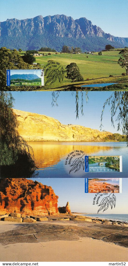 Australia 2002: Views: Mt.Roland (Tas) Walker Flat (SA) Leveque (WA) Michel-N° 2133-2135 On MK-Set (valid For Postage) - Cartes-Maximum (CM)