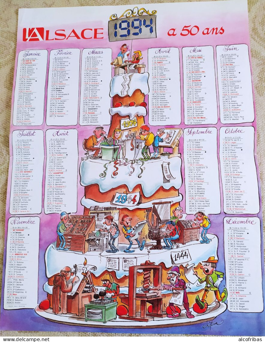 Calendrier 1994 L'alsace A 50 Ans Piece Montée Histoire De L'impression; Dessin Illustration  Giefem - Grossformat : 1981-90