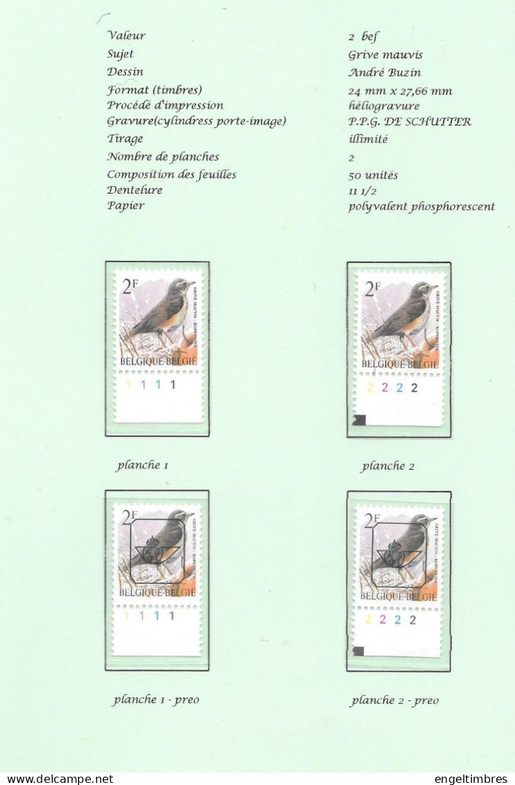 Belgium 1996 BUZIN Birds - Grive Mauvis/koperwiek 2 Bfrs  Plaatnummers 1 - 2 Postfris  Plain Stamps +  Preos (scans) - 2011-..