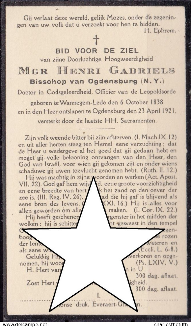 DEATH NOTE * BISHOP OF OGDENSBURG ( NEW YORK ) HENRI GABRIELS ( Wannegem Lede 1838 - 1921 Ogdensburg ) See Expl. Please - Documenti Storici
